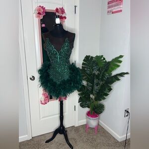 Green rhinestone feather mini dress
